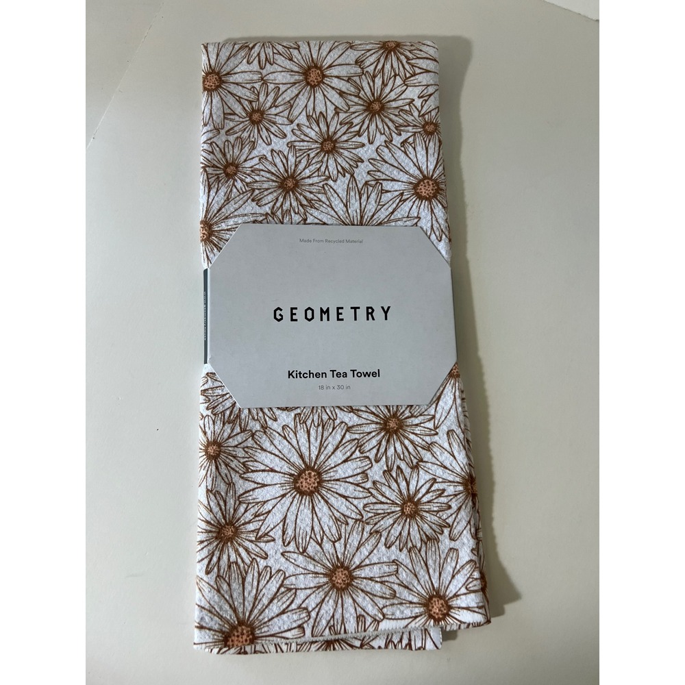 Geometry Kitchen Tea Towels Daisy Florals Yellow Brown White NWT